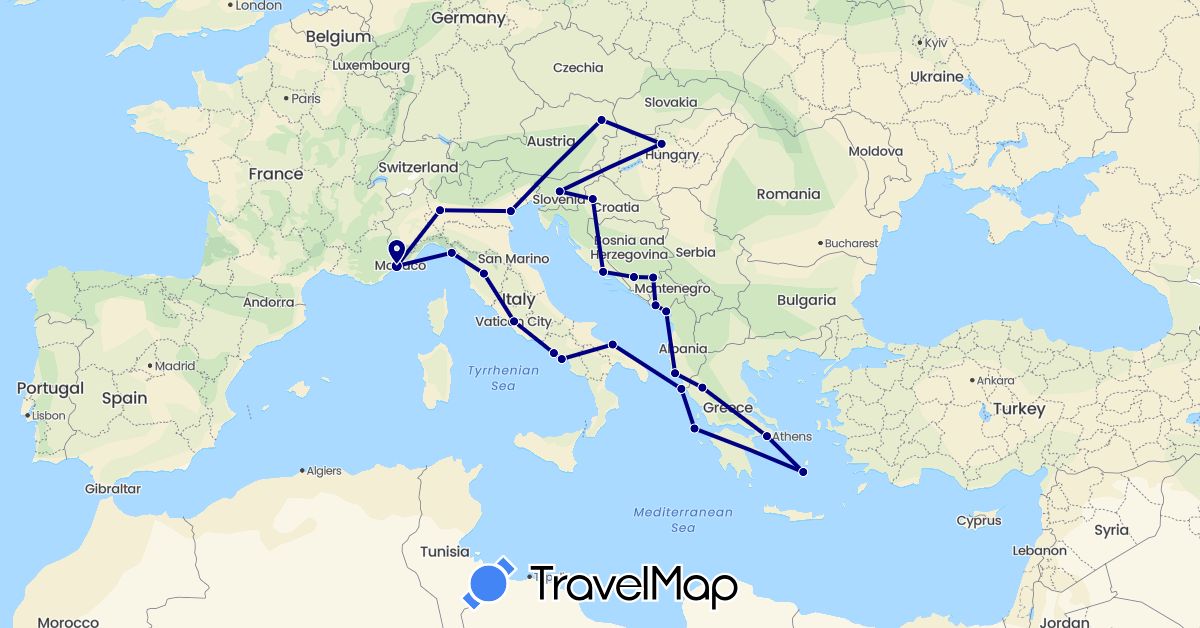 TravelMap itinerary: driving in Albania, Austria, Bosnia and Herzegovina, France, Greece, Croatia, Hungary, Italy, Montenegro, Slovenia (Europe)